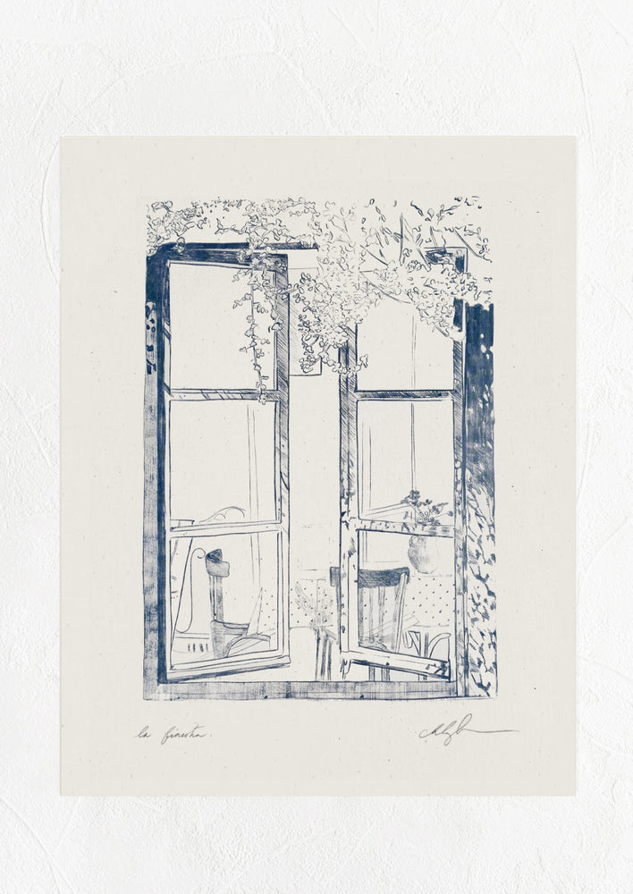 1: An art print of drawing of an open window.