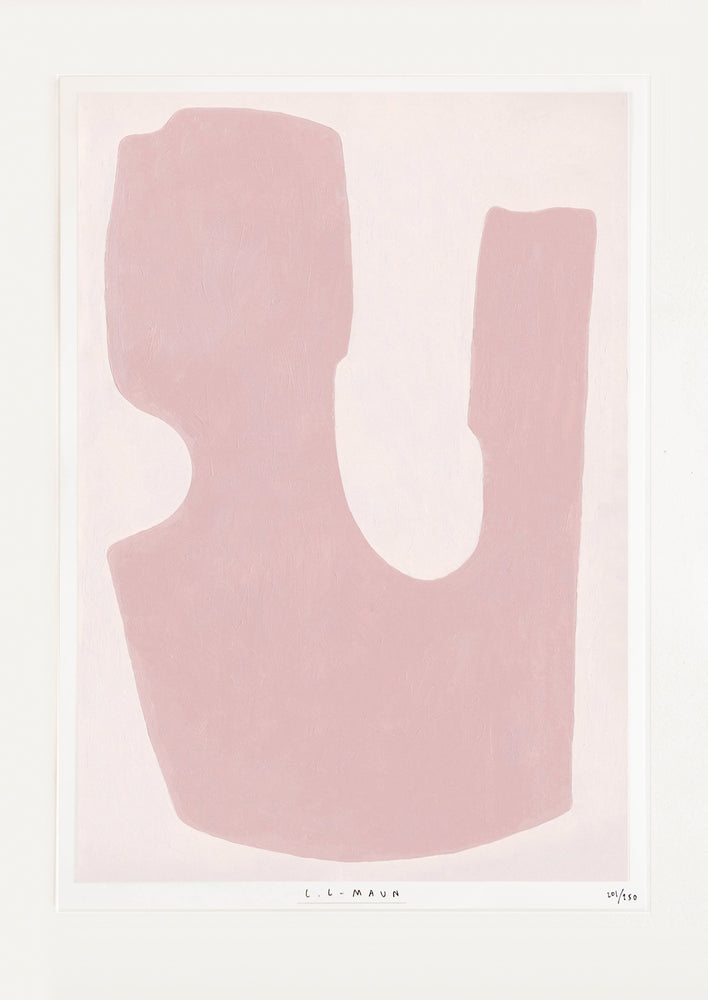 An abstract deep pink U-like form sits against a pale pink background.