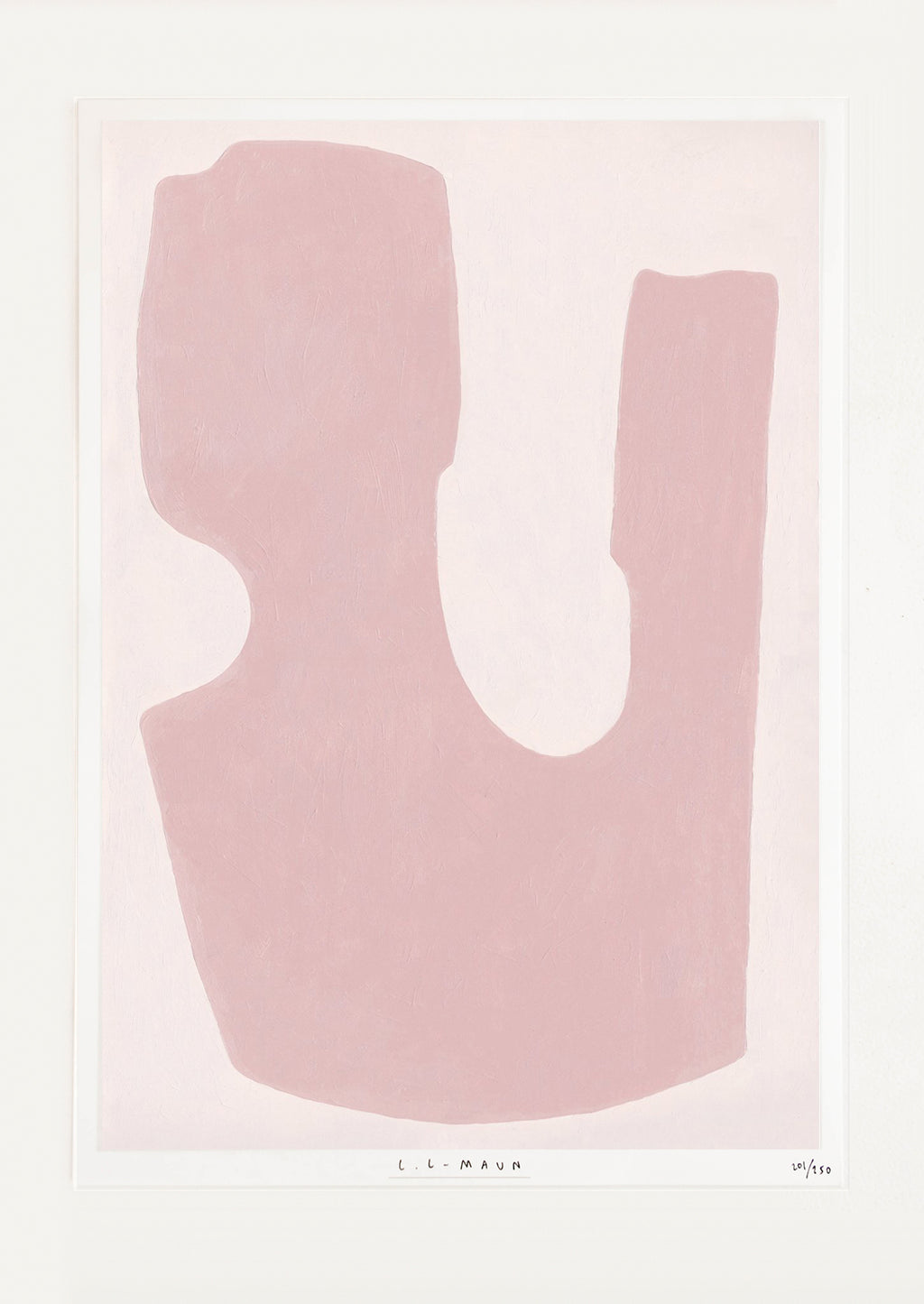 1: An abstract deep pink U-like form sits against a pale pink background.
