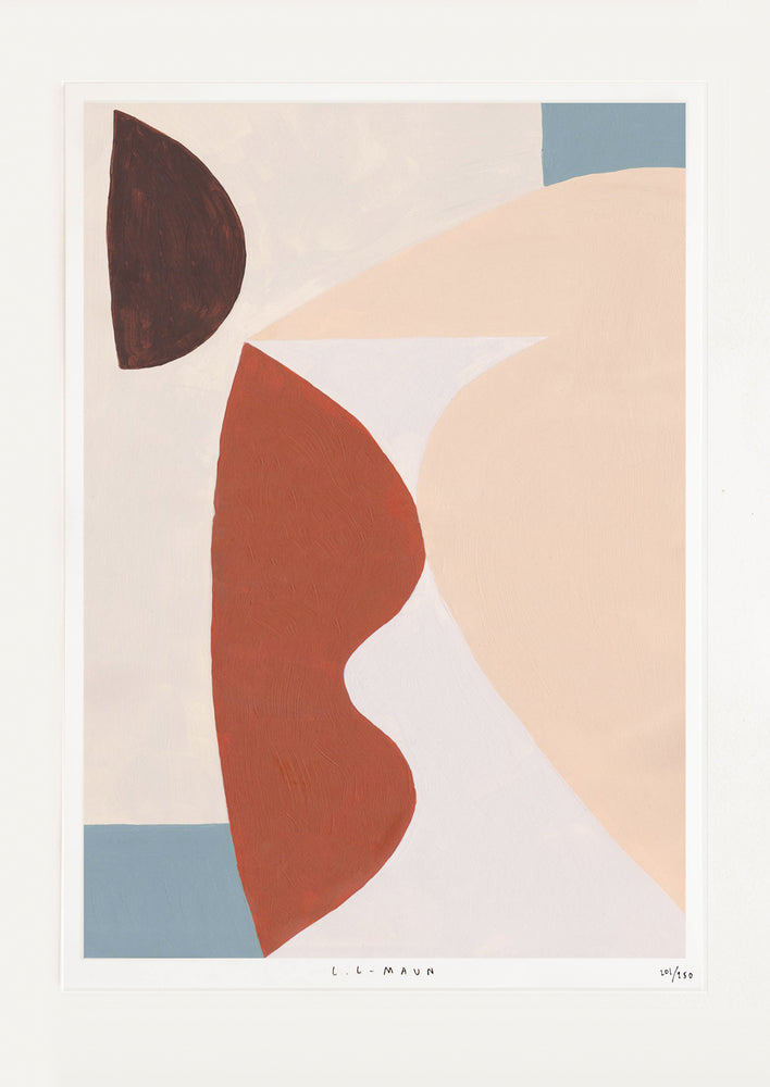 A print of curved abstract forms in beiges, reds, and blues.