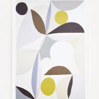 1: An abstract art print in muted shades of periwinkle, green and grey.