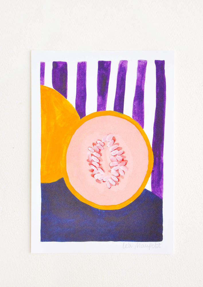 1: Still life of a cut cantaloup against a backdrop of purple and white vertical stripes.