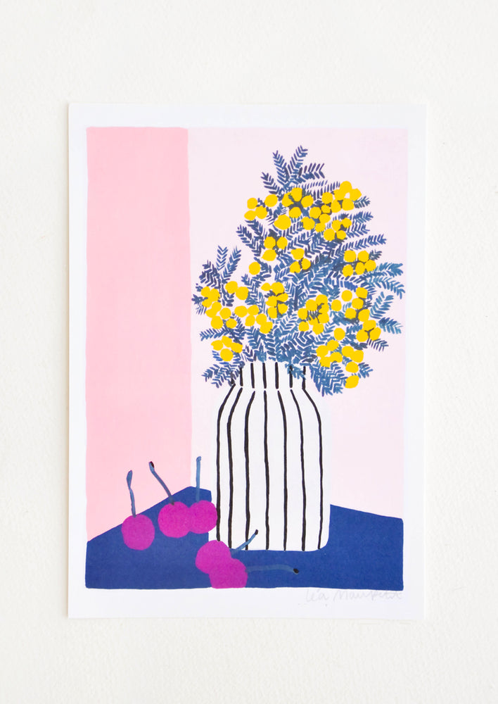1: Art print with illustration of mimosa flowers in striped vase on tape with cherries.