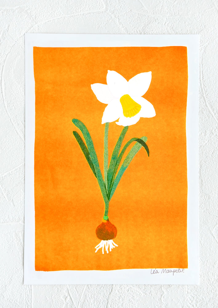 1: Risograph art print with neon coral background and daffodil flower