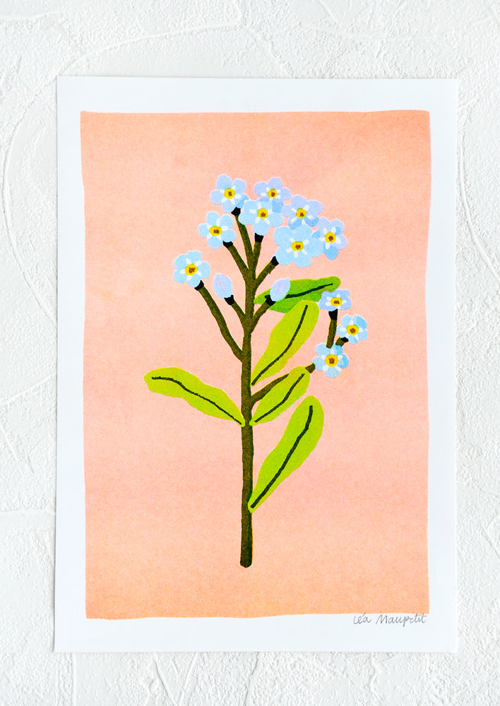 1: Risograph art print with neon coral background and forget me not stem