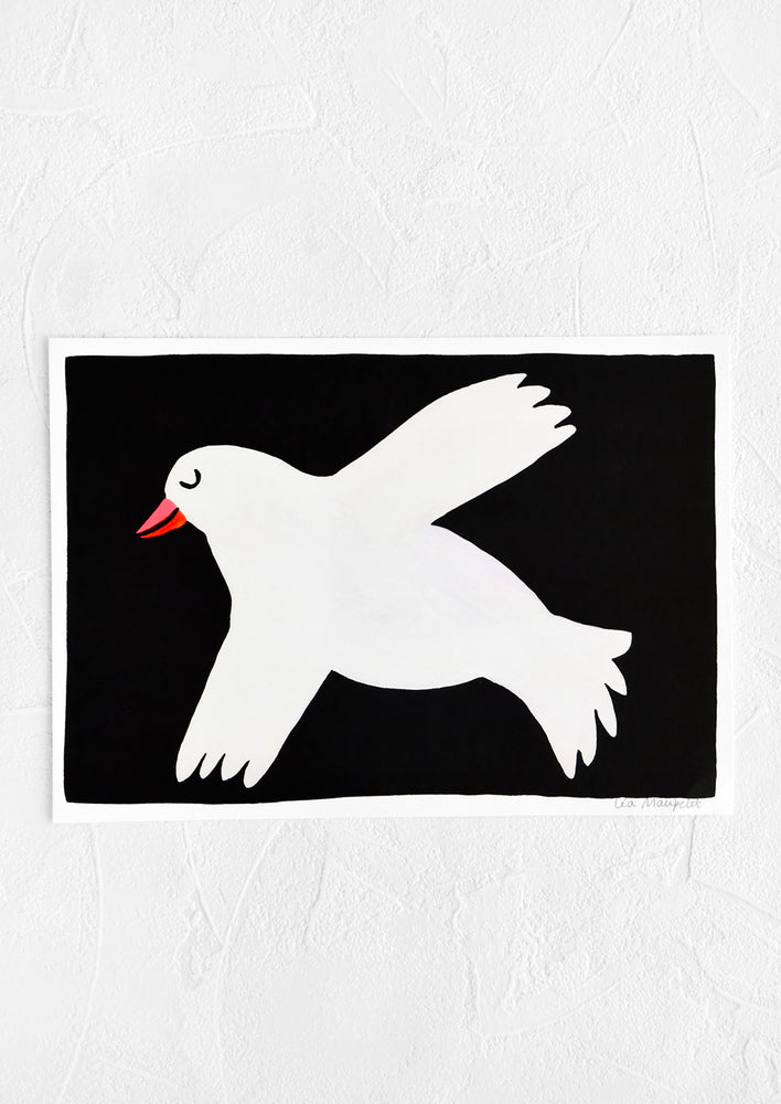 Art print with black background and cartoon-inspired white dove illustration