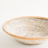 2: A woven seagrass and white plastic bowl with leather trim around top.