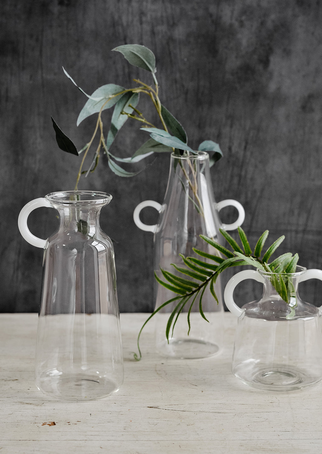 1: A trio of glass vases with white curved handles, displaying greenery.