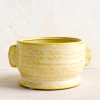 1: A yellow ceramic planter with decorative side tabs in mottled glaze.