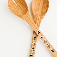 1: Pair of wooden salad serving spoons with round bone inlay detailing on handles