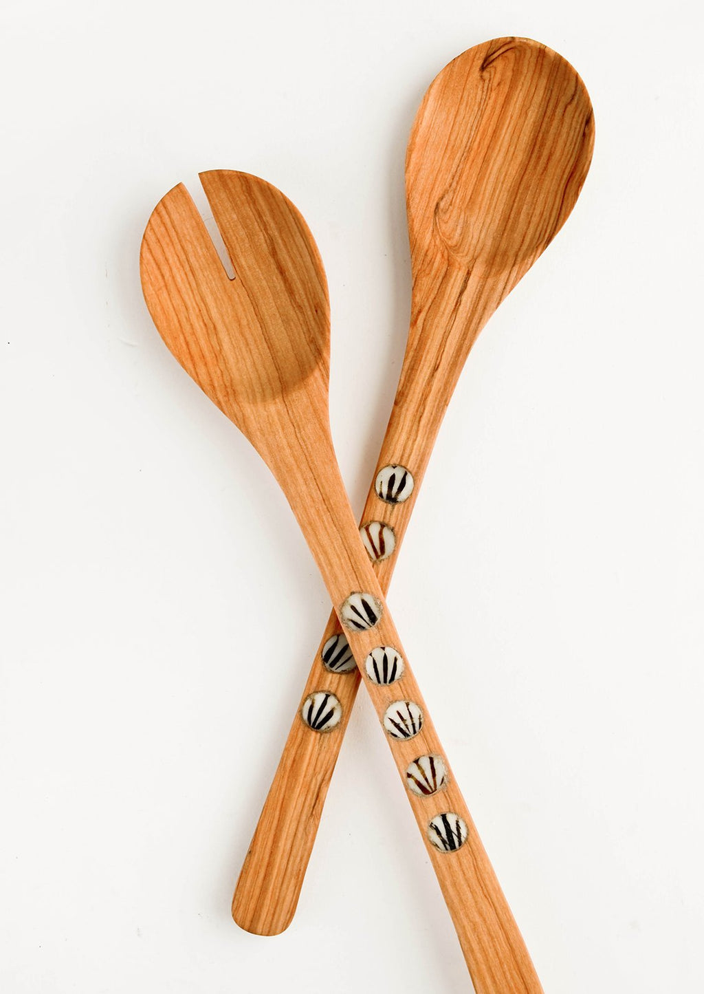 2: Pair of wooden salad serving spoons with round bone inlay detailing on handles