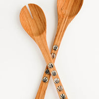 2: Pair of wooden salad serving spoons with round bone inlay detailing on handles