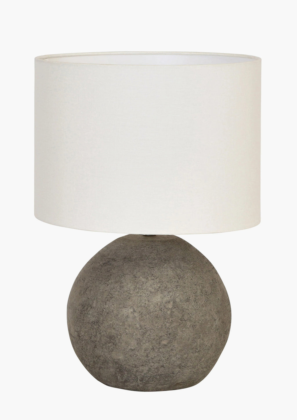 2: A table lamp with round black terracotta base and white cylinder shade.