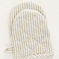 Tan / White: A quilted oven mitt made from tan and ivory striped linen.