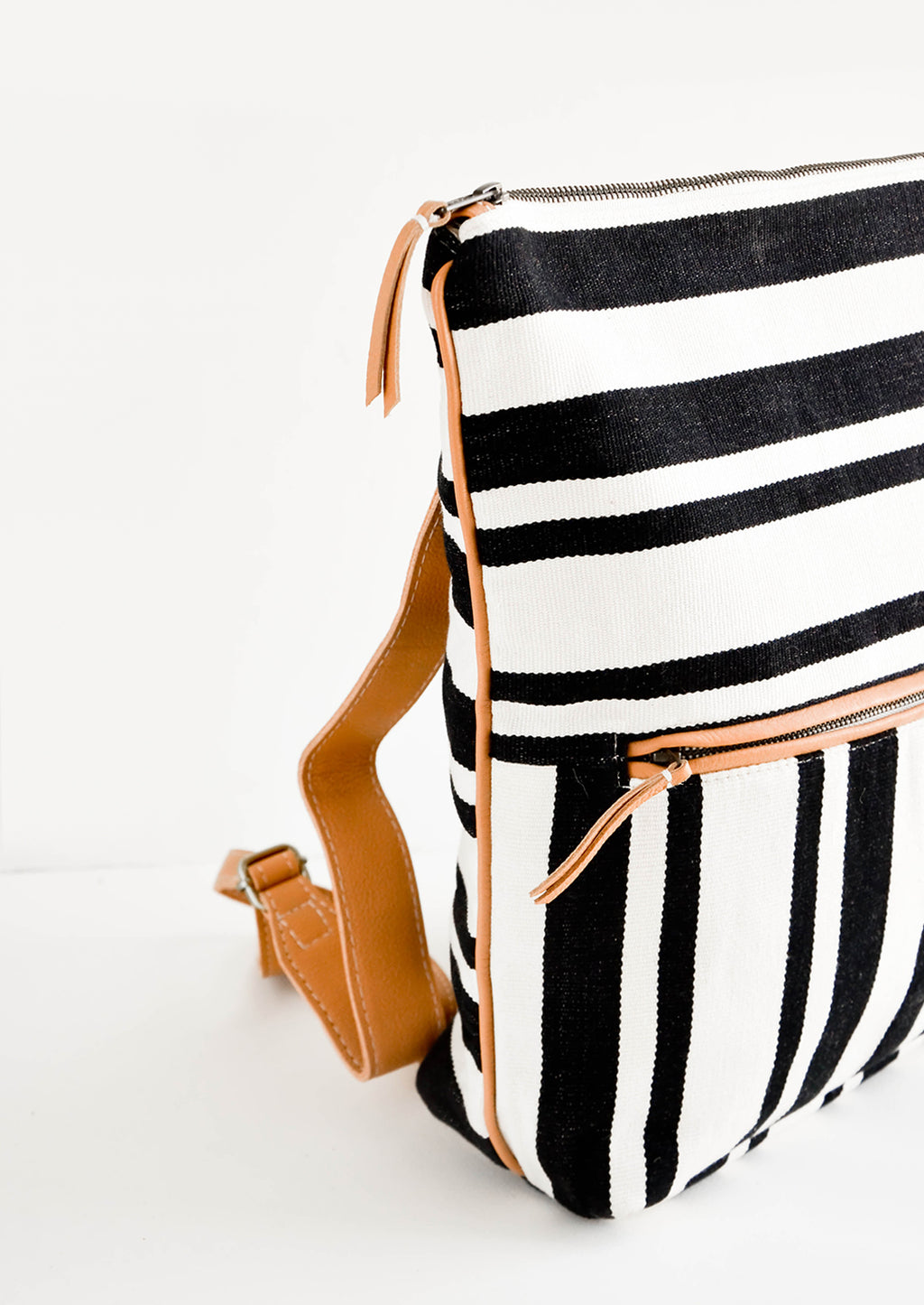 2: Fashion backpack in black and white striped cotton canvas with tan leather accents