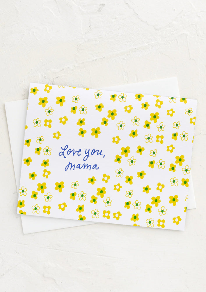 1: A greeting card with flower print reading "Love you, mama".