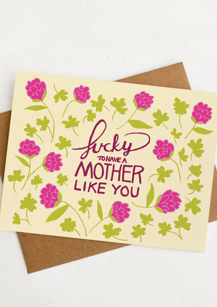 A clover print card reading "Lucky to have a mother like you".