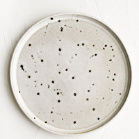 1: A ceramic plate with grey-tan speckled glaze.