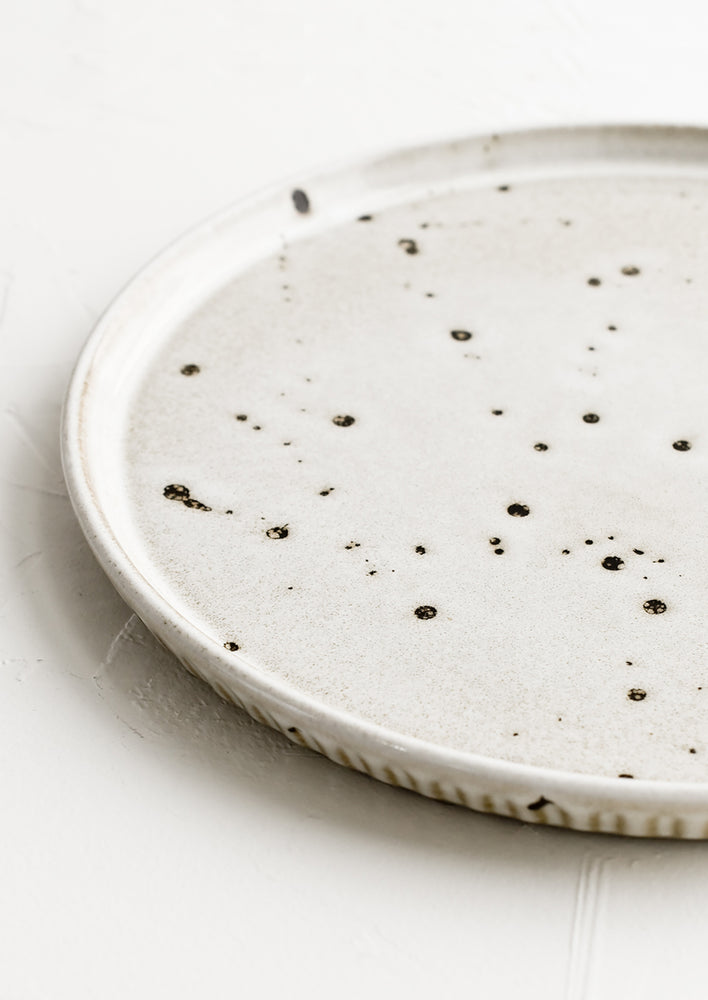 A ceramic plate with grey-tan speckled glaze.
