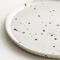 3: A ceramic plate with grey-tan speckled glaze.