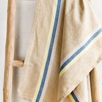 Pink / Yellow / Blue: A tan tea towel with blue, pink and yellow vertical stripe.