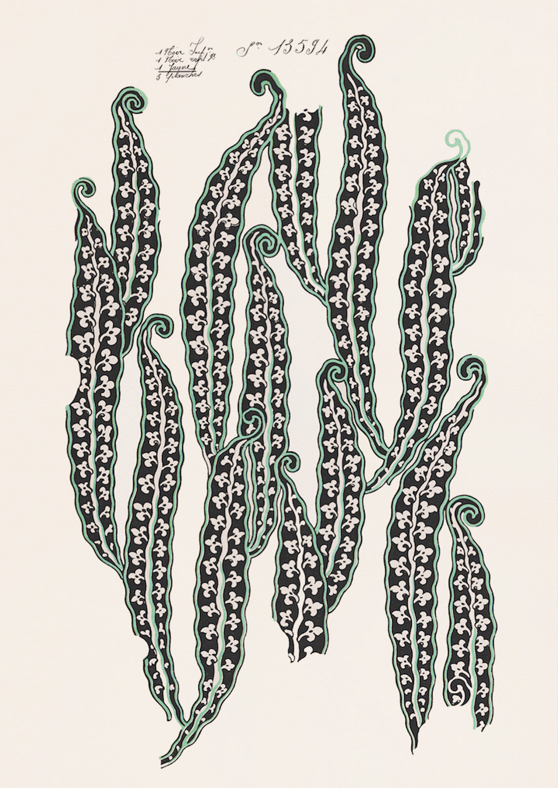 An antique inspired print with graphic "beans" design.