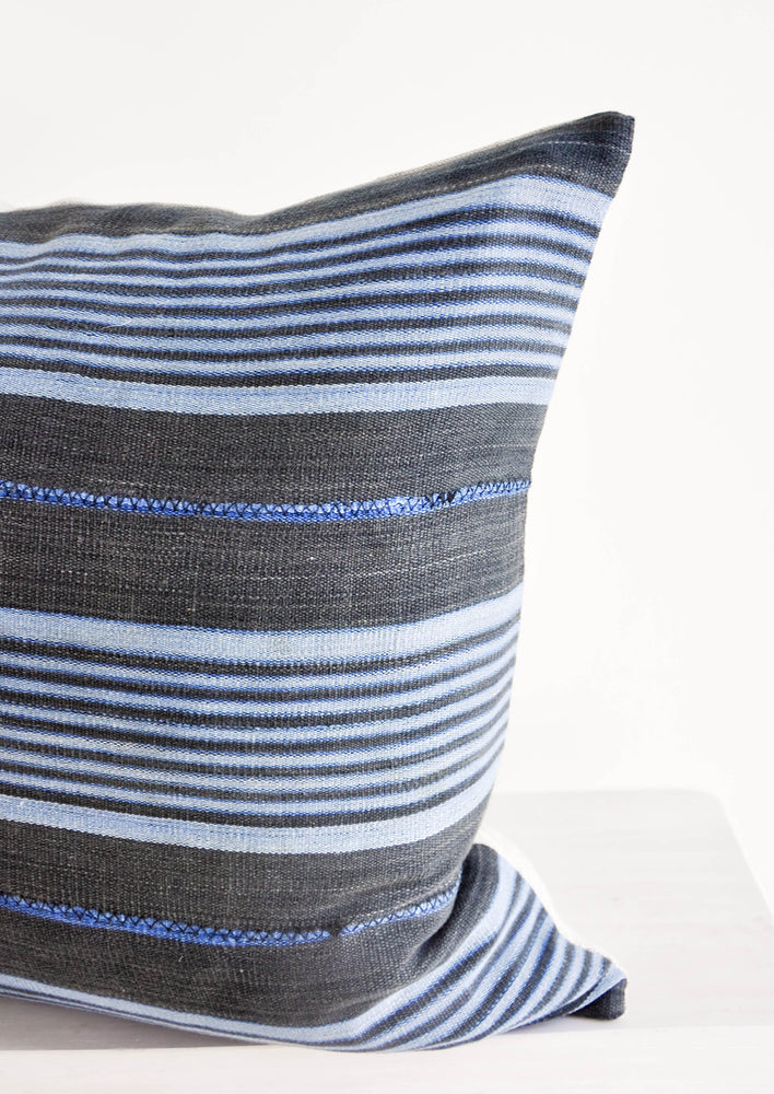 Close up of Vintage Mali Cloth Pillow in Grey & Blue Stripe - LEIF