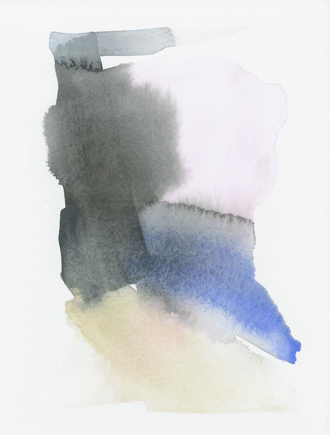 Patches of black, pink, blue, and beige watercolor meet to form an imperfect rectangular shape on a white background.