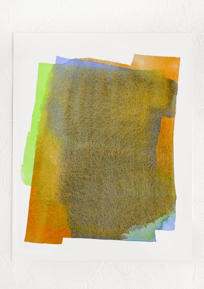 An art print featuring layered watercolor form in brown, blue, orange and green.