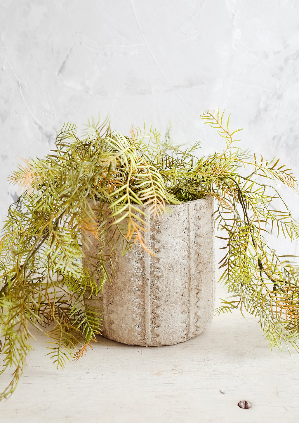2: Distressed planter in concrete-like texture with stripe and zigzag detailing with trailing plant