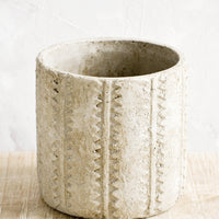 Tall: Distressed planter in concrete-like texture with stripe and zigzag detailing