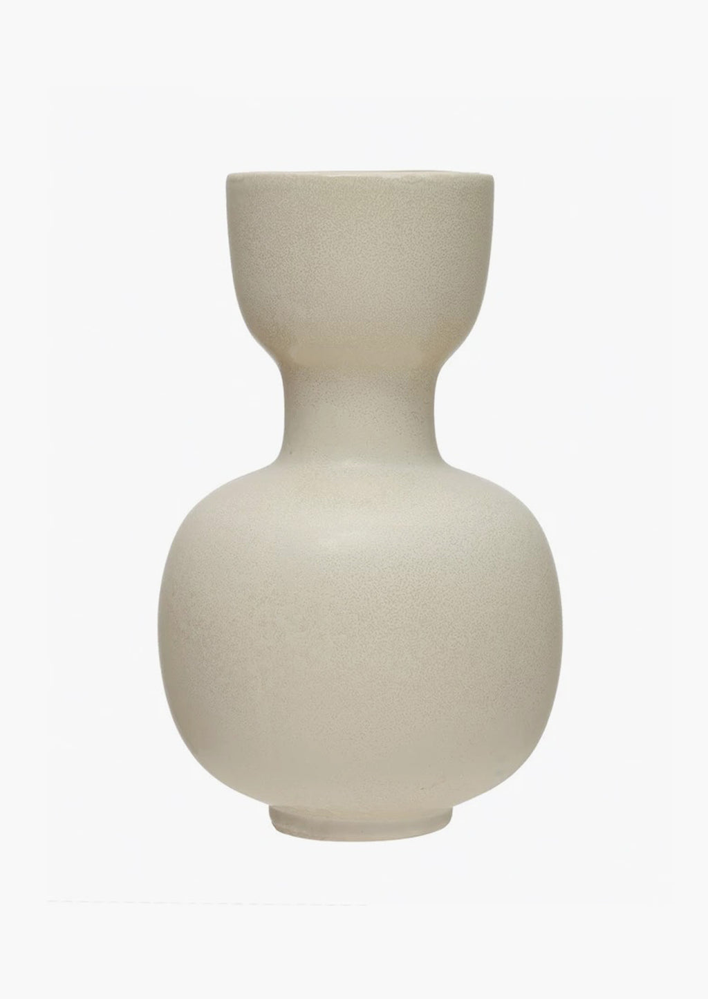 3: A cream glaze vase with cup shaped top, pinched middle and round bottom.