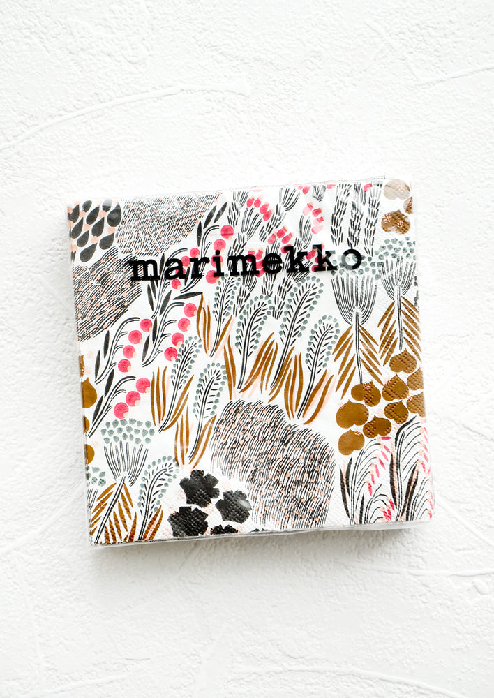 Floral Multi: Packaged disposable paper napkins in square cocktail size with brown and pink floral print.