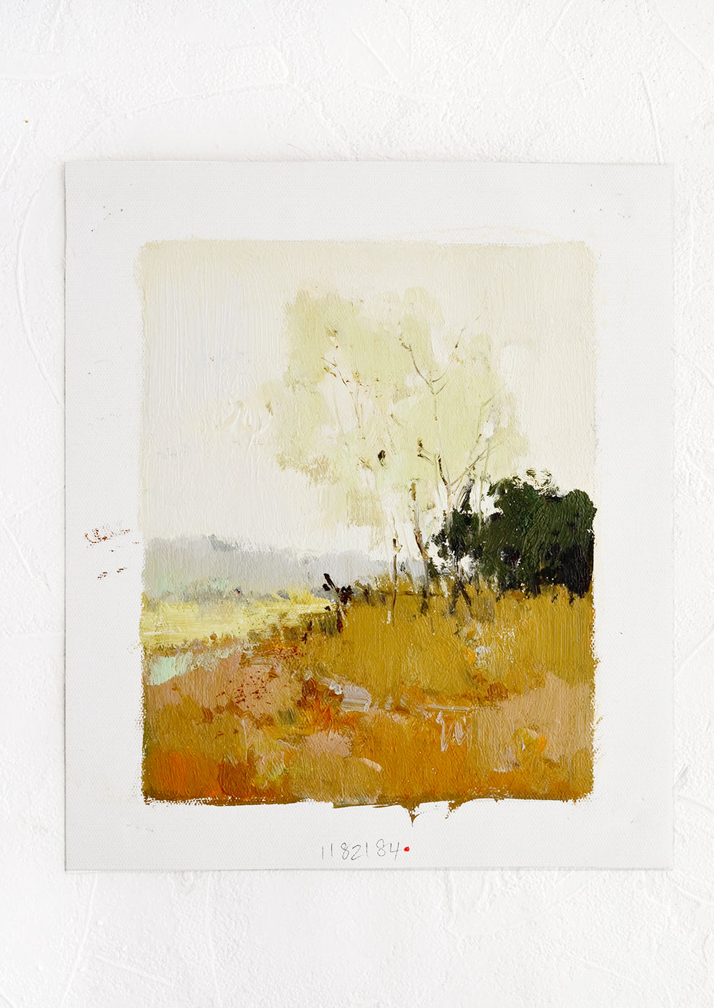 1: An oil painting depicting a landscape scene with a tree in a field.