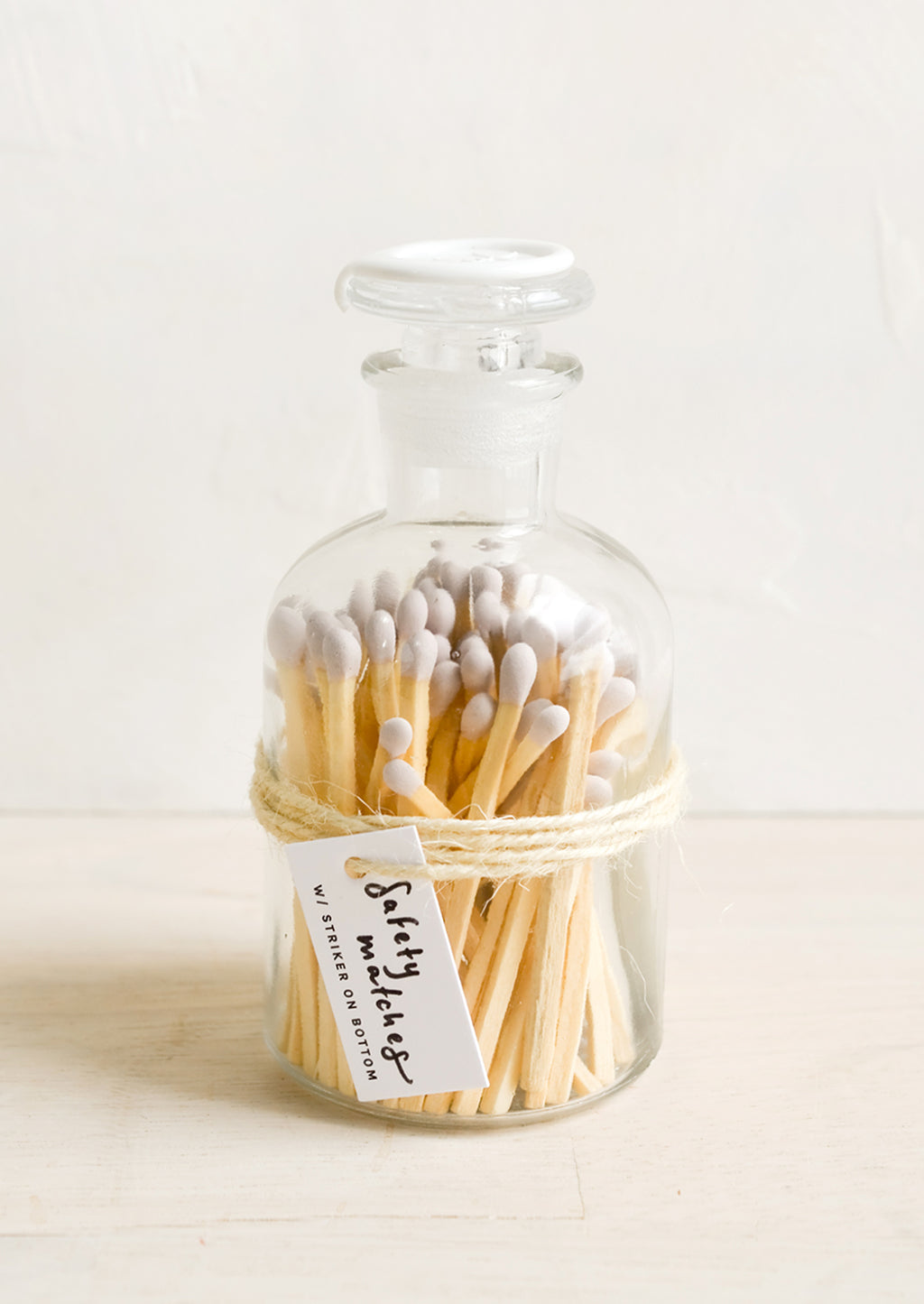 Lavender: Safety matches with lavender tips in a vintage-style glass apothecary jar with white wax seal on lid.