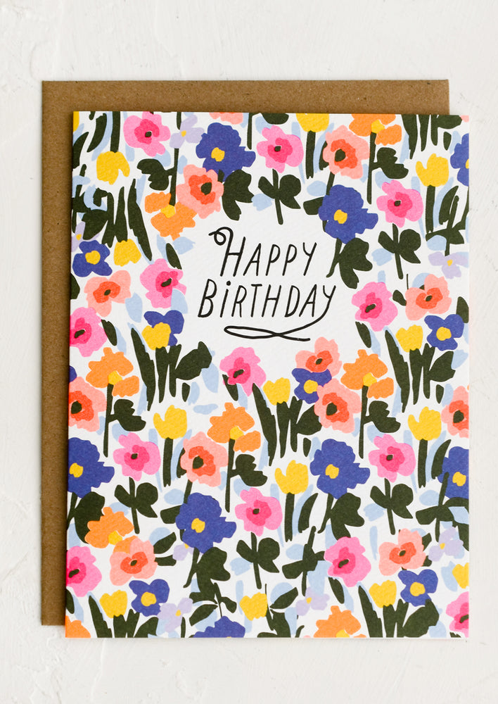 1: A neon floral print card with "Happy birthday" written at center.