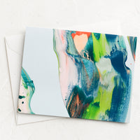 3: Paintswirl card in shades of blue, coral and green.