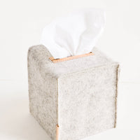 Cube / Heather White: Cube-shaped tissue box cover made from felted wool in heathered light grey color with leather accents