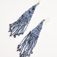 Midnight Blue: Dark blue iridescent beaded fringe earrings.