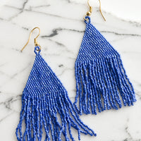 Lapis: Metallic cobalt blue triangular fringe beaded earrings.