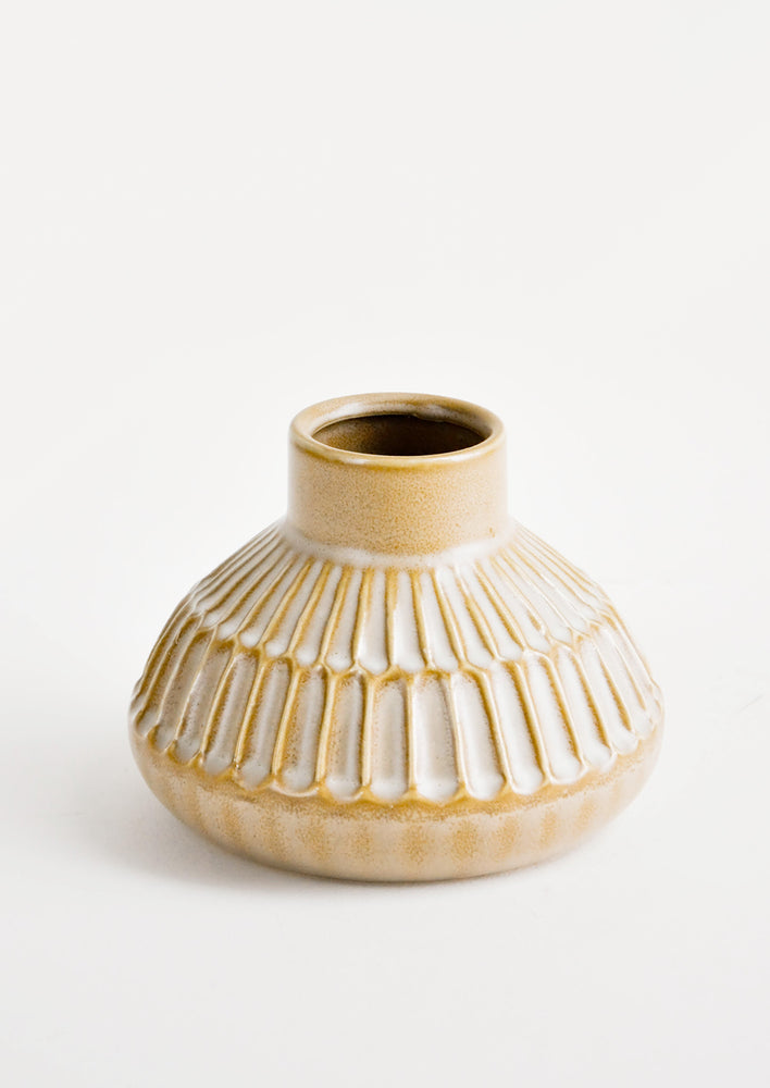 Wide and round vase with tapered opening, featuring allover etched line detailing