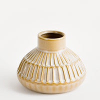 2: Wide and round vase with tapered opening, featuring allover etched line detailing