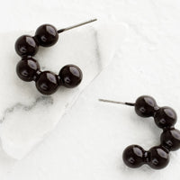 Espresso: Glossy ball hoop earrings in very dark brown color.