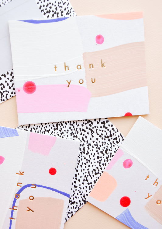 Set of thank you cards hand painted in colorful abstract pattern with gold foil "Thank you" text