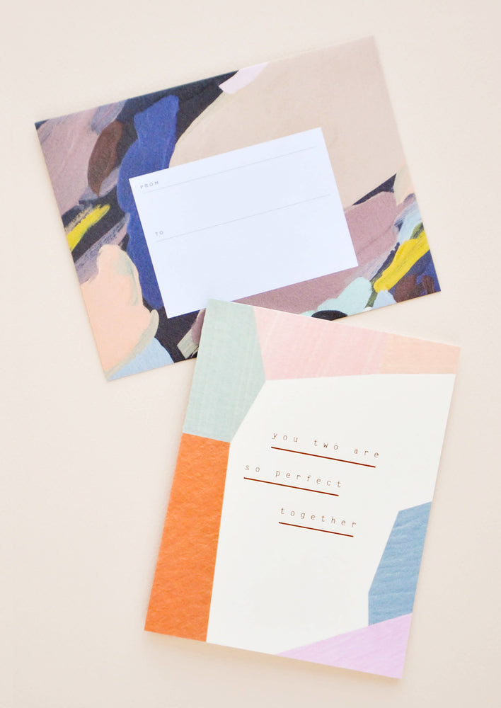 3: Notecard with colorful abstract shapes and the text "You Two Are So Perfect Together", with colorful painted envelope.