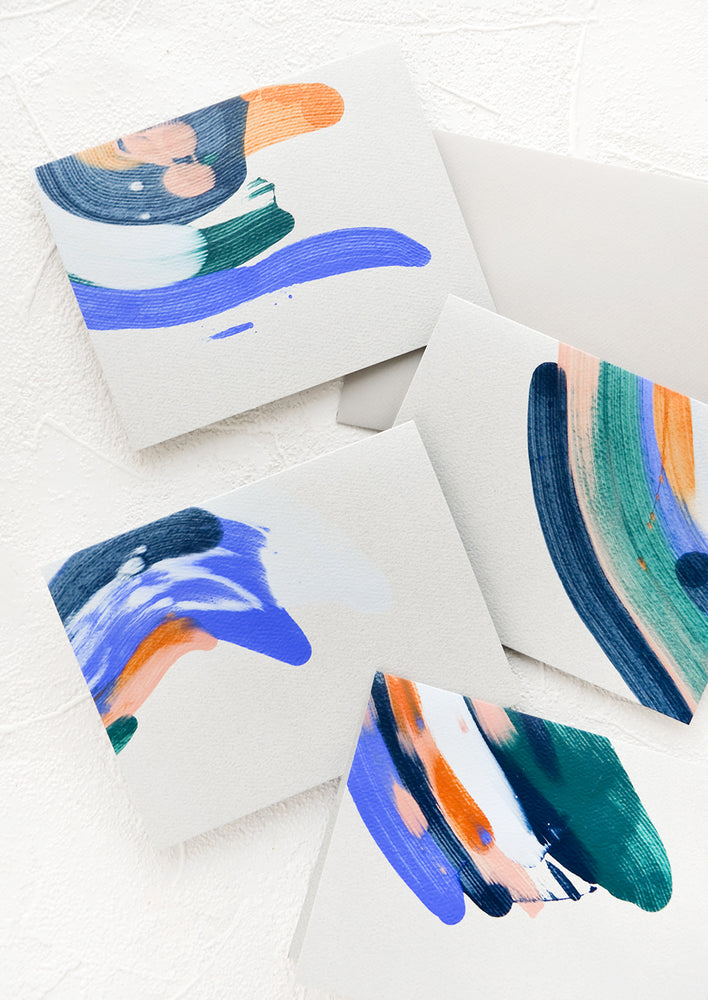 Set of grey cards with hand painted brushstrokes in blue palette