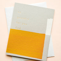 1: Greeting card with hand-painted square shapes in mustard and white, gold text reads "So grateful for you dad"