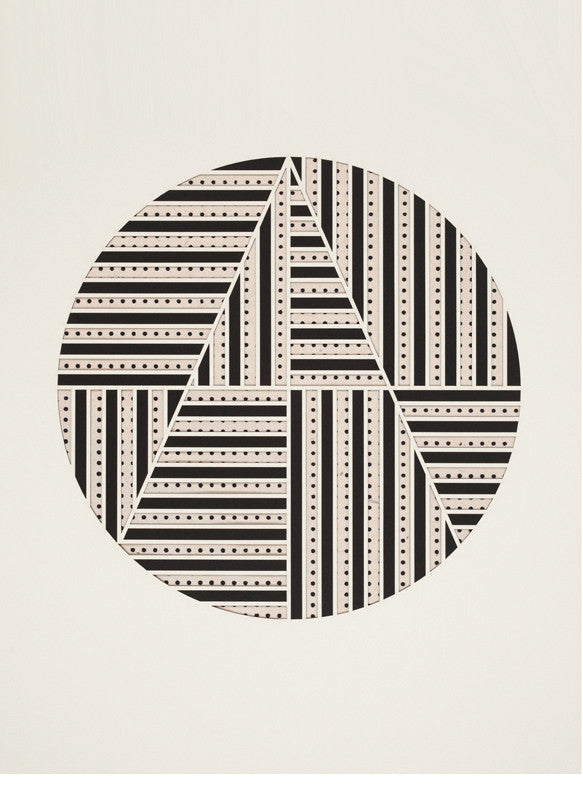 Artwork with off-white background and black & white, lasercut circle in center