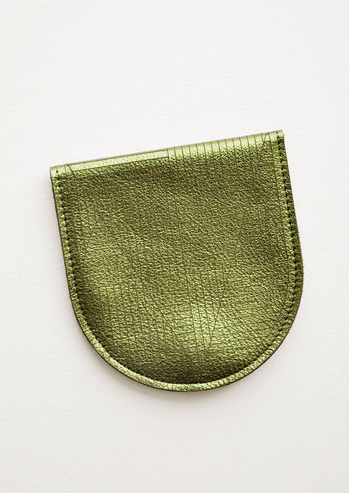 A metallic green leather half-oval wallet with a subtle geometric pattern.