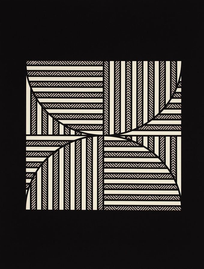 1: A rectangular black canvas with a central square composed of alternating black and white sections of stripes.